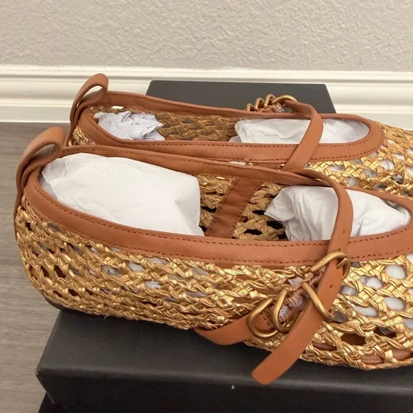 rag & bone Gold Woven Spire Mary Jane Flats with Tan Trim Size 8 US (EU38) - Picture 4 of 6